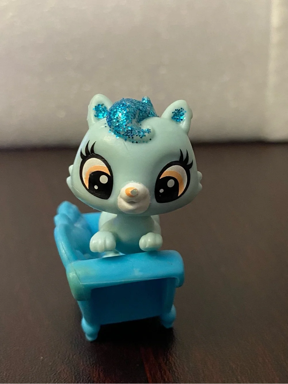 Littlest Pet Shop Blue Glitter Kitten on Bright Blue Chair